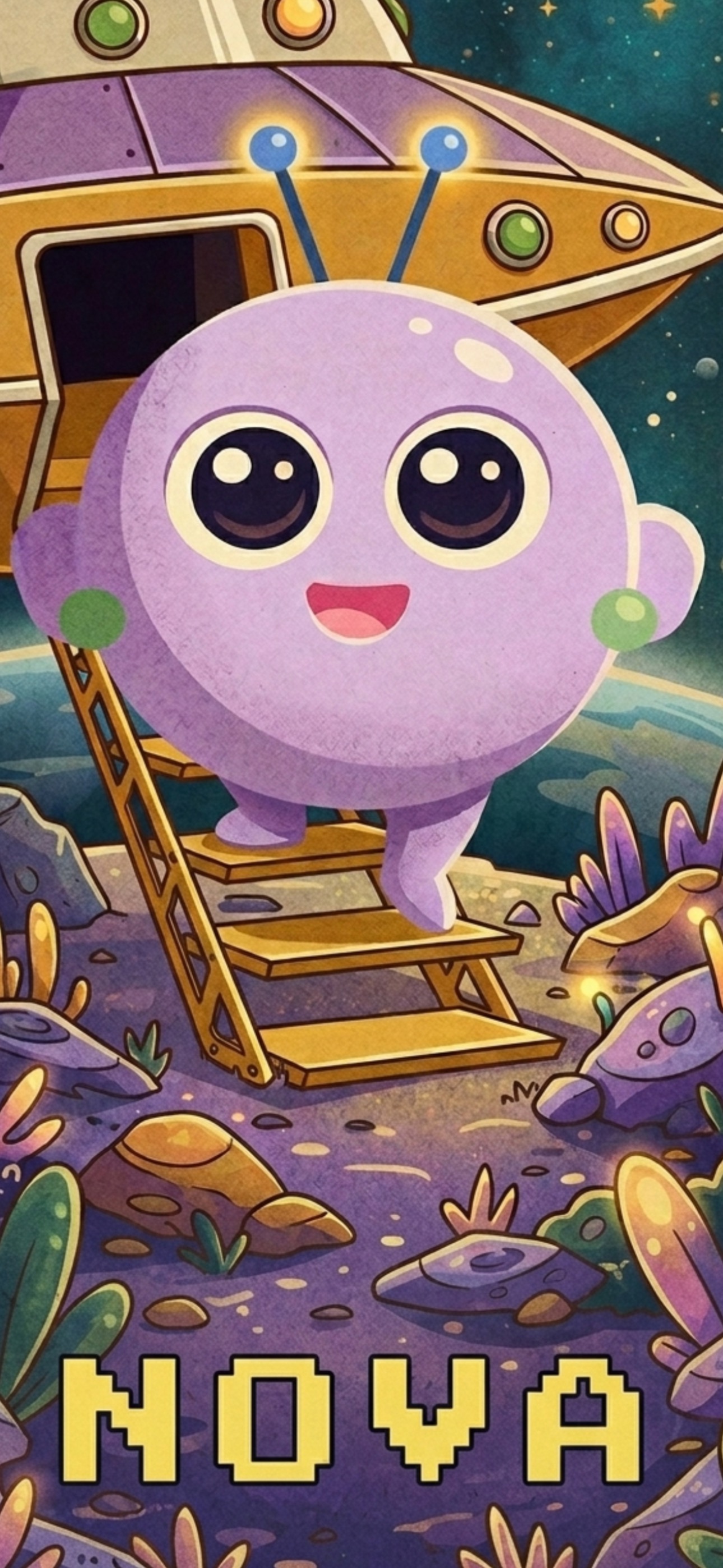 Nova, a small purple alien, landing on a colorful planet from a UFO